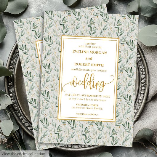 Modern Sage Green Gold Foliage Wedding Invitation 招待状