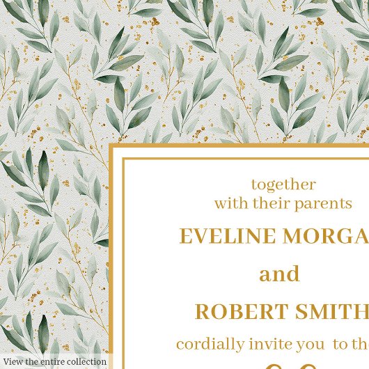 Modern Sage Green Gold Foliage Wedding Invitation 招待状