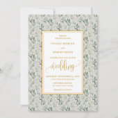 Modern Sage Green Gold Foliage Wedding Invitation 招待状 (正面)