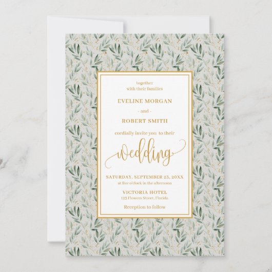 Modern Sage Green Gold Foliage Wedding Invitation 招待状 (正面)