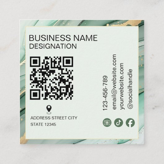 Modern Sage Green Gold monogram Qr Code スクエア名刺 (裏面)