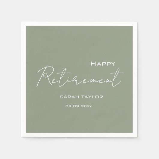 Modern Sage Green Happy Retirement Personalized スタンダードカクテルナプキン (正面)
