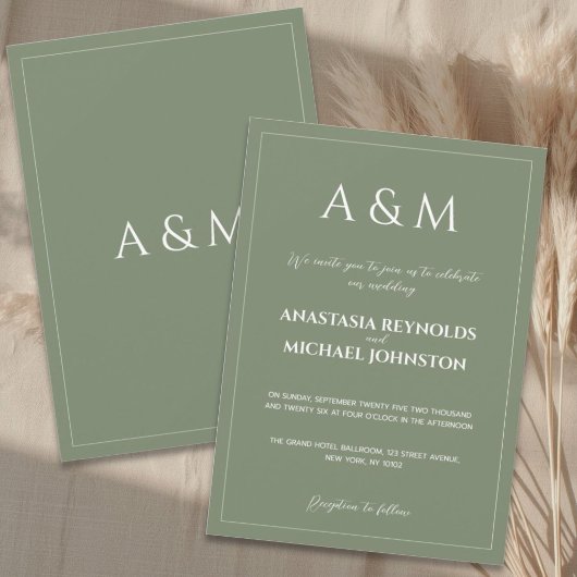 Modern sage green minimalist wedding 招待状