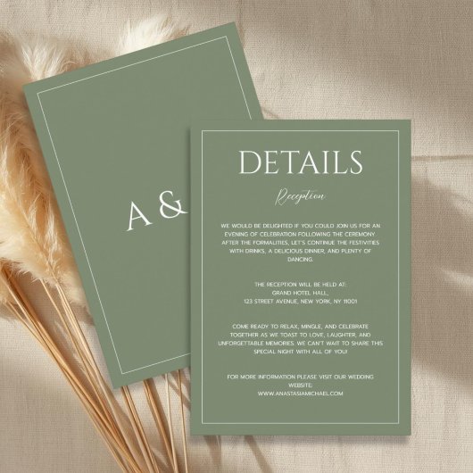 Modern sage green minimalist wedding details エンクロージャーカード