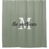 Modern Sage Green Monogram Family Name シャワーカーテン (正面)