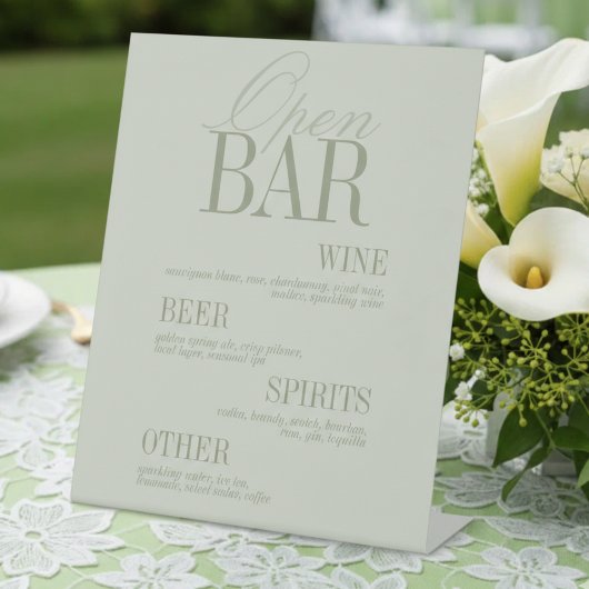 Modern Sage Green Open Bar Menu Wedding 台座サイン