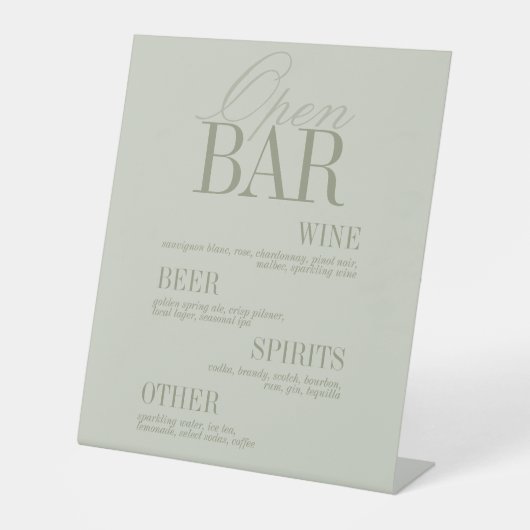 Modern Sage Green Open Bar Menu Wedding 台座サイン (正面)