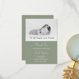 Modern Sage Green Photo Handwriting Baby Birth   サンキューカード