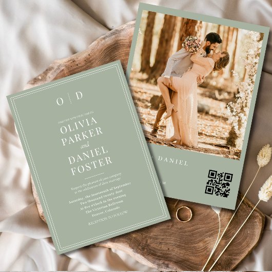 Modern Sage Green Photo QR Code Wedding 招待状