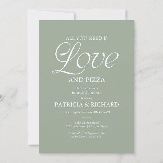 Modern Sage Green Pizza Wedding Rehearsal 招待状 (正面)