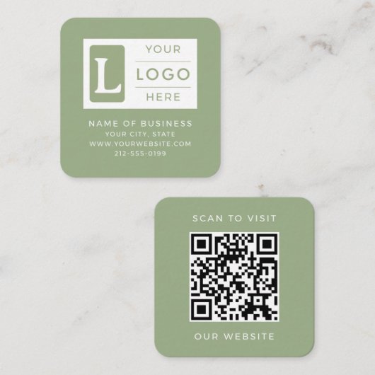 Modern Sage Green QR Code Minimalist Custom Logo スクエア名刺 (正面/裏面)