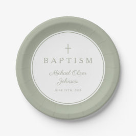 Modern Sage Green Religious Cross Baptism ペーパープレート