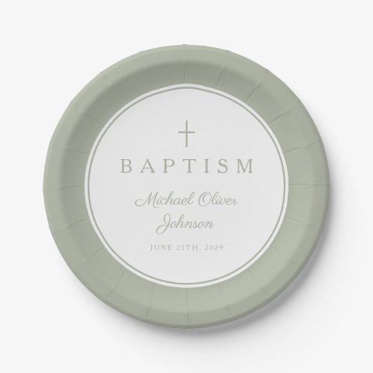 Modern Sage Green Religious Cross Baptism ペーパープレート (正面)