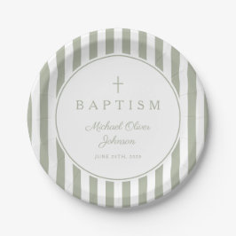 Modern Sage Green Religious Cross Baptism ペーパープレート