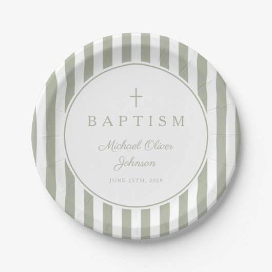 Modern Sage Green Religious Cross Baptism ペーパープレート (正面)