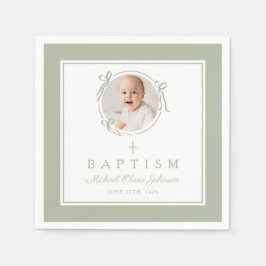 Modern Sage Green Religious Cross Boy Baptism スタンダードカクテルナプキン