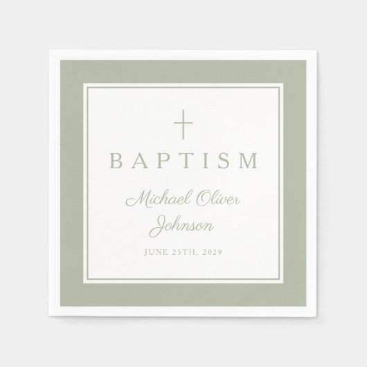 Modern Sage Green Religious Cross Boy Baptism スタンダードカクテルナプキン (正面)