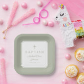 Modern Sage Green Religious Cross Boy Baptism ペーパープレート (パーティー)