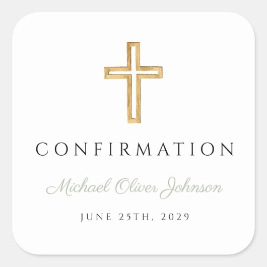 Modern Sage Green Religious Cross Boy Confirmation スクエアシール (正面)