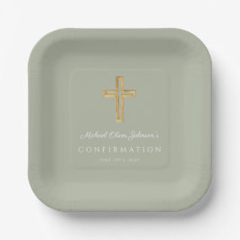 Modern Sage Green Religious Cross Boy Confirmation ペーパープレート