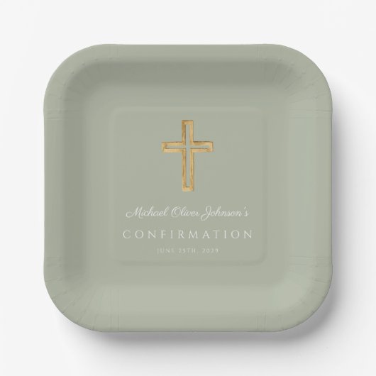 Modern Sage Green Religious Cross Boy Confirmation ペーパープレート (正面)