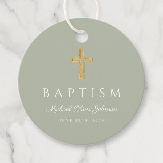 Modern Sage Green Religious Cross Script Baptism  フェイバータグ (正面)