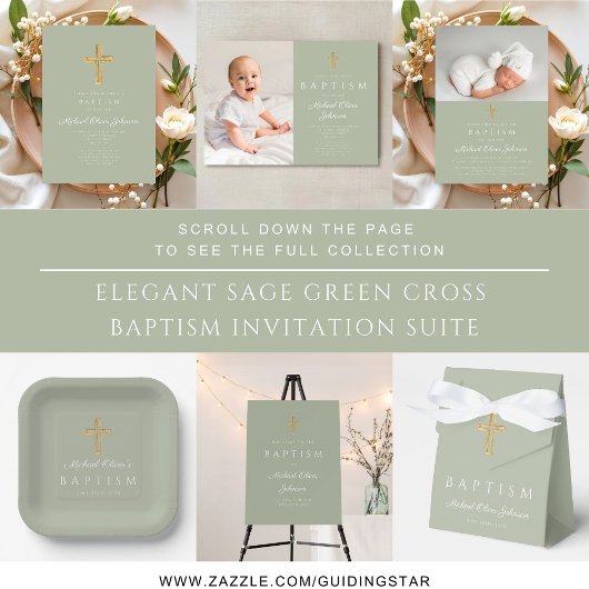 Modern Sage Green Religious Cross Script Baptism  フェイバータグ