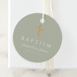 Modern Sage Green Religious Cross Script Baptism  フェイバータグ