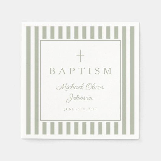 Modern Sage Green Religius Cross Boy Baptism スタンダードカクテルナプキン (正面)