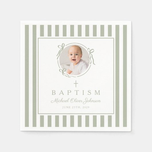 Modern Sage Green Religius Photo Boy Baptism スタンダードカクテルナプキン (正面)