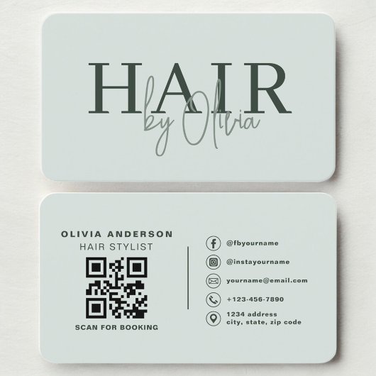 Modern Sage Green Salon Hairstylist QR Code 名刺