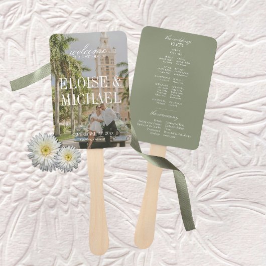 Modern Sage Green Script Wedding Ceremony Program ハンドファン