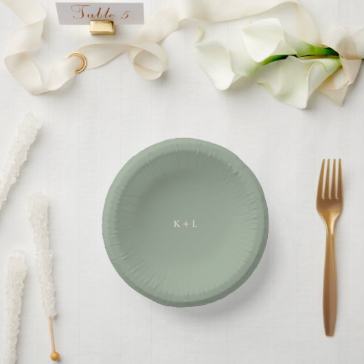 Modern Sage Green Simple Monogram Wedding ペーパーボウル (ウェディング)