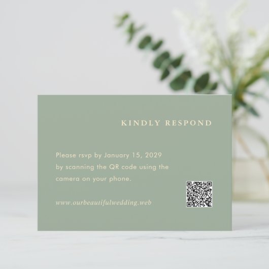 Modern Sage Green Simple QR Code Wedding 出欠カード (スタンド正面)