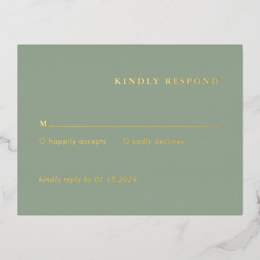 Modern Sage Green Simple Wedding Foil RSVP Card 箔招待状ポストカード (正面)