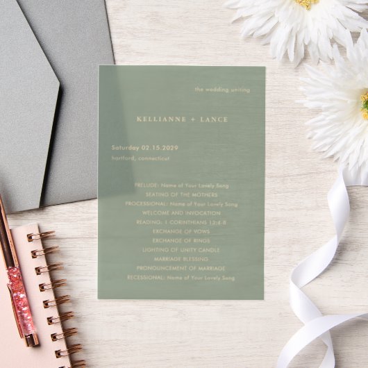 Modern Sage Green Simple Wedding Program ベラム紙招待状 (ウェディング)