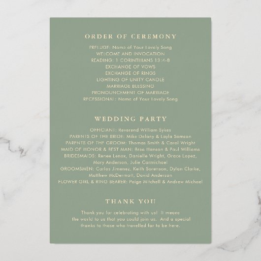 Modern Sage Green Simple Wedding Program 箔招待状 (裏面)