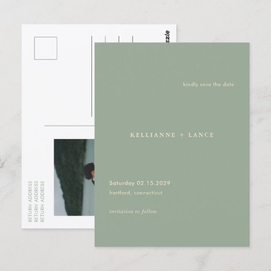 Modern Sage Green Simple Wedding Save the Date ポストカード (正面/裏面)