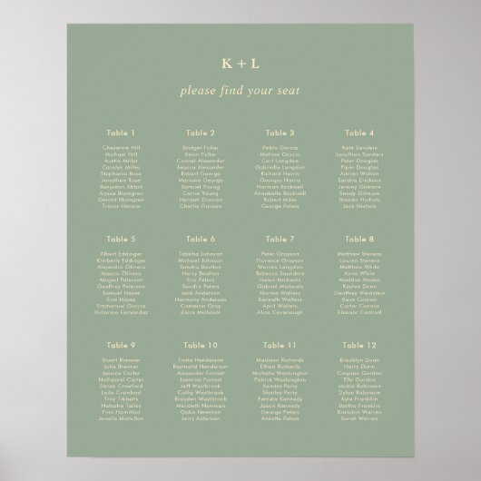 Modern Sage Green Simple Wedding Seating Chart ポスター (正面)