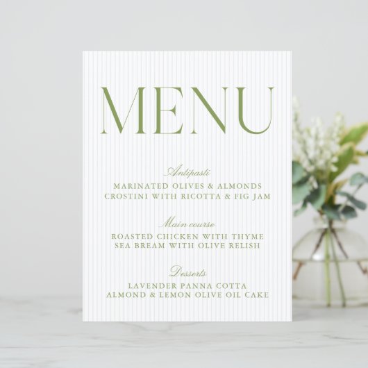 Modern Sage Green & Soft Blue Stripes Wedding Menu (スタンド正面)