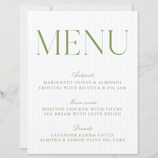 Modern Sage Green & Soft Blue Stripes Wedding Menu (正面)