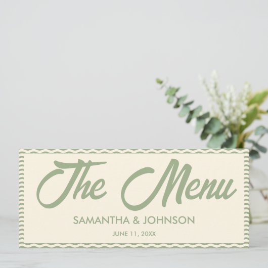Modern Sage Green Stripe Wedding Dinner Menu Card メニュー (スタンド正面)