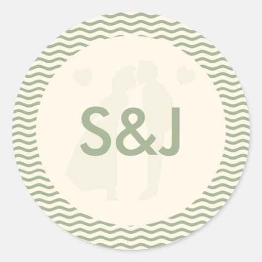 Modern Sage Green Wavy Stripe Monogram Wedding ラウンドシール (正面)