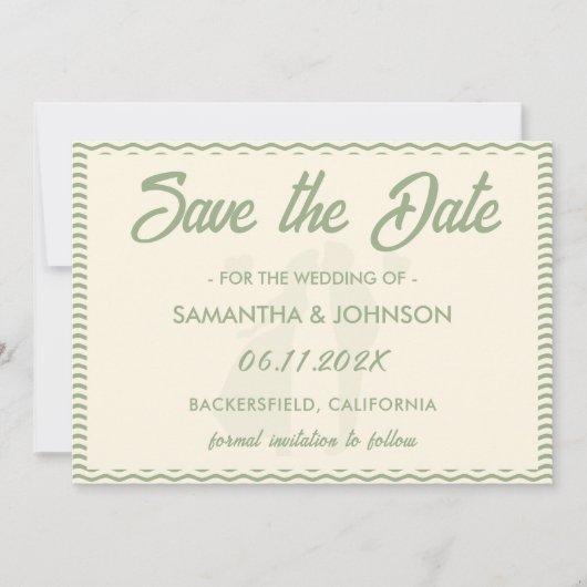 Modern Sage Green Wavy Stripe QR Code Wedding セーブザデート (正面)