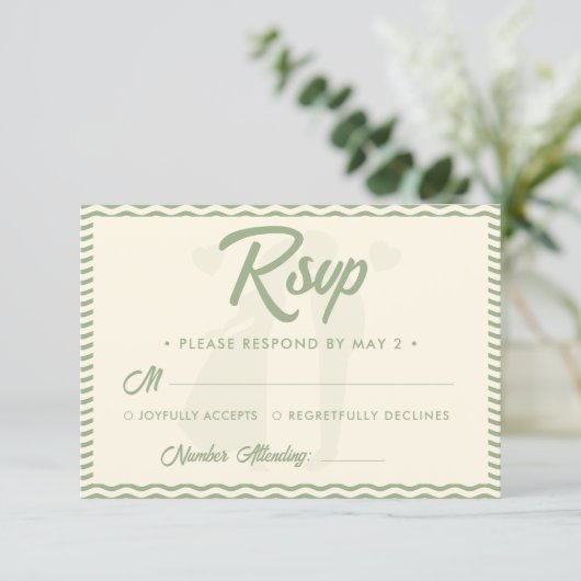 Modern Sage Green Wavy Stripe QR Code Wedding 出欠カード (スタンド正面)