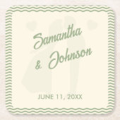 Modern Sage Green Wavy Stripe Wedding スクエアペーパーコースター (正面)