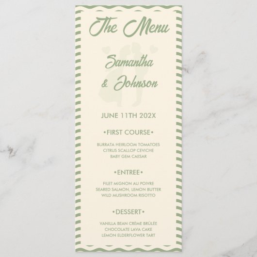 Modern Sage Green Wavy Stripe Wedding Menu Card メニュー (正面)