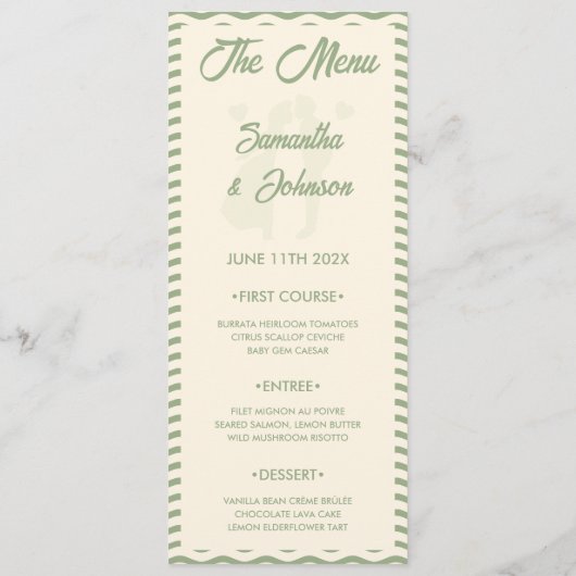 Modern Sage Green Wavy Stripe Wedding Menu Card メニュー (裏面)