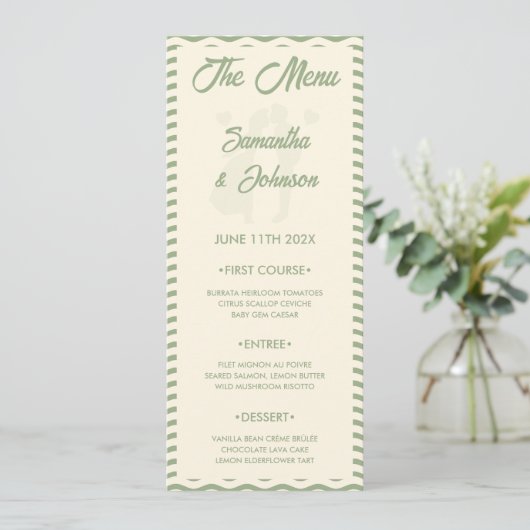 Modern Sage Green Wavy Stripe Wedding Menu Card メニュー (スタンド正面)