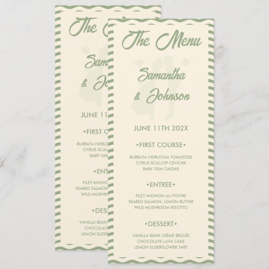 Modern Sage Green Wavy Stripe Wedding Menu Card メニュー (正面/裏面)
